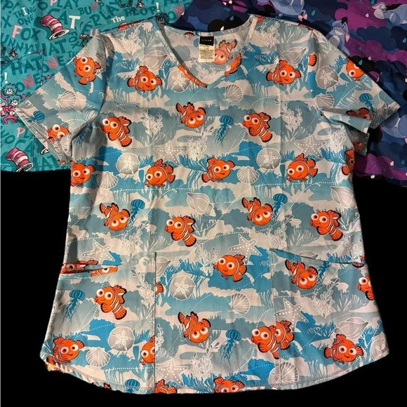 Disney Pixar Cartoon Print Scrub Tops Eeyore Nemo Dr Seuss lot of 3 size Large - Picture 3 of 8